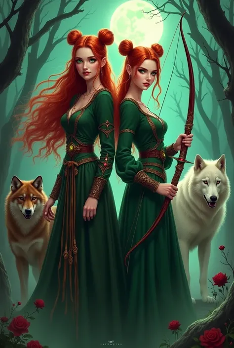 fantasy book cover. Two witch sisters of approximate age. The first sister has long, loose red hair and green eyes., carries a bow and arrow studded with rubies. The second sister has red hair tied in two buns and green eyes., carries a large staff with a ...