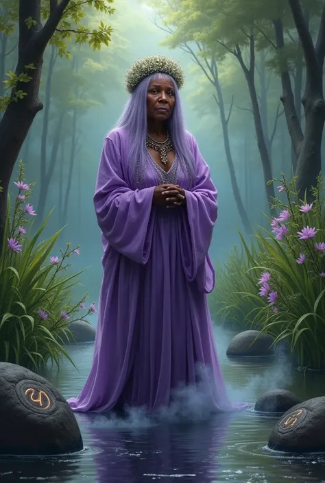 Elderly black female Orisha wearing lilac in a swamp