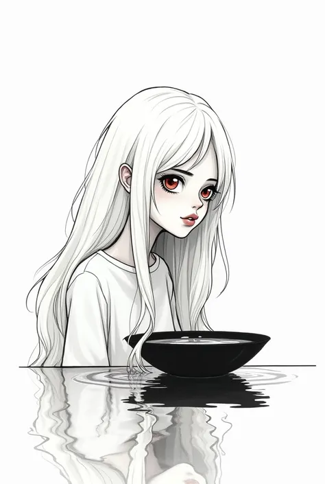 Jacques prevert black and white illustration art, illustration of a beautiful girl, an teen body, detail face, thin lips, a white very long hair, ruby eyes, melancholy, perspective - the reflection of a face in the water in the basin, line draw, white simp...