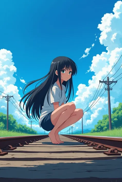 score_9, score_8_up, score_7_up, score_6_up, score_5_up, score_4_up, masterpiece, best quality, source_anime,2D、flat、1girl, 12yo、black hair,longhair is 半Sleeves, shorts, crouching, old railroad tracks, blue sky, power lines, bare feet