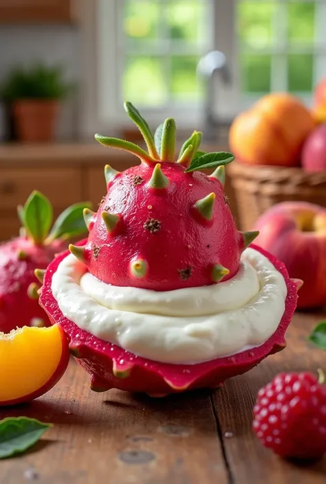 red fruits soursop peaches in a yogurt


