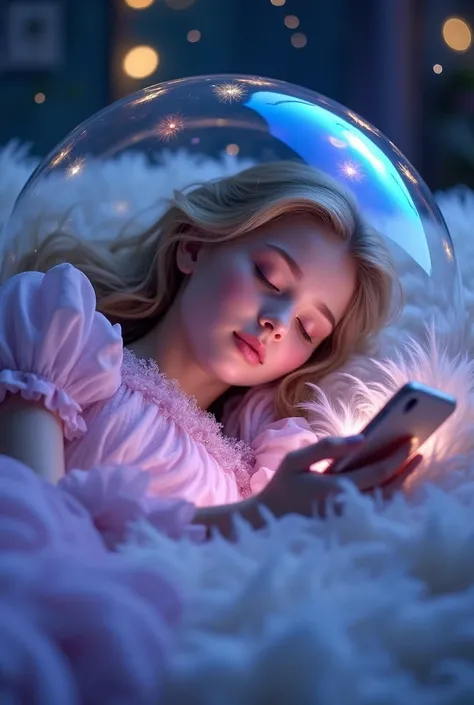 sleeping beauty sleeping with a smartphone and around her a bubble covering her