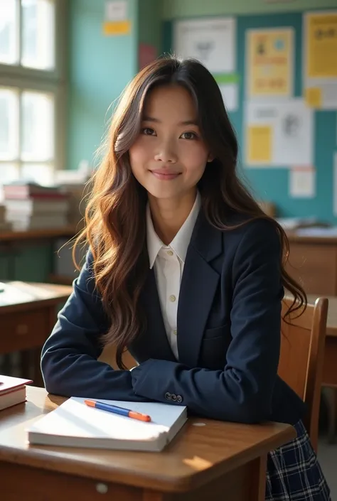 Draw a beautiful brunette about 18 years old, with brown eyes and a slightly oblong face, sitting at a school desk in uniform