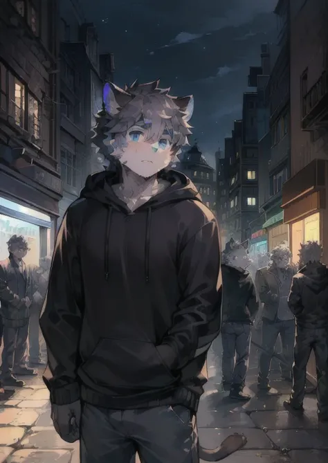 (hairy:1.2),(deep gray hairy cat,blue eyes,Black Hoodie, Boys, Handsome:1.2),(masterpiece,Delicate eyes, Delicate face,high quality, Absurd answer,Beast field:1.2),(Random Background, Crowded open air city street, Randomly facing the camera, indifferent, s...