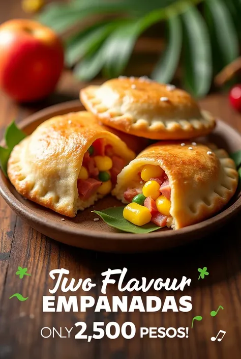 I want an advertising image for the sale of two-flavor empanadas: Hawaiian and tender corn with ham and cheese., The empanadas will cost 2.500 pesos 