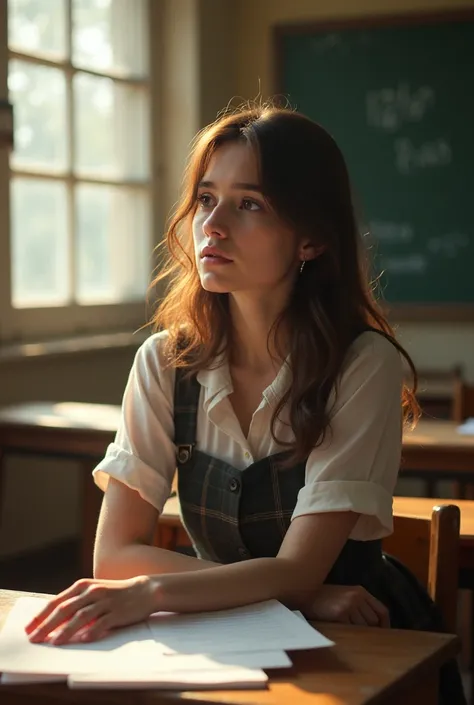 Draw a beautiful brunette about 18 years old, with brown eyes and a slightly oblong face, sitting at a school desk in uniform and she is sad