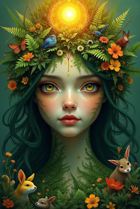 Create the face of a Forest godess. Ter face is made up compeletly of the forest. Her eyes are in tears are the rivers of the magicle forest. She is so beautiful. Her crown is the rising sun. Her skin is completely made up of plants. She is pritty her hais...