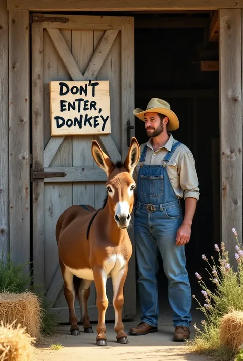 A door with a sign that says "Don&#39;t enter, donkey". In front of the door, a donkey and a man waiting to enter