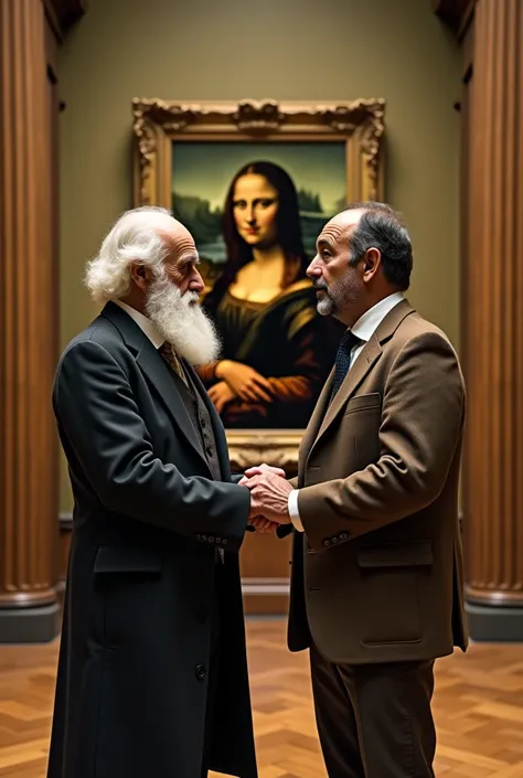 Charles Darwin and Juan Luis Arsuaga holding hands in a museum in front of the Mona Lisa