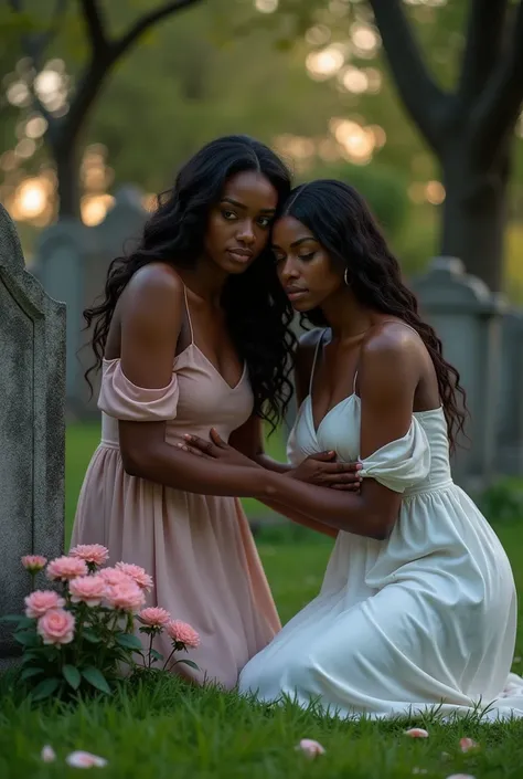 Two beautiful black skinned women crying on a grave in a cemetery 
