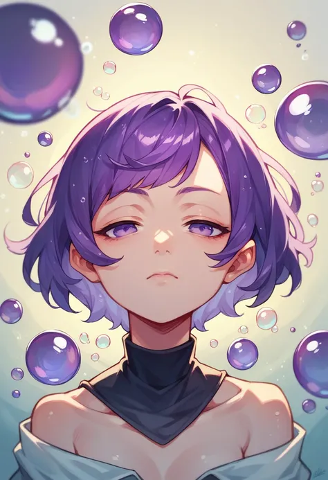 Alone, 1 girl, purple eyes, purple hair, bubble, looking at the viewer, portrait, half closed eyes, short hair, Closed mouth,shiny bubbles,bubbles, colour shining in bubble, reflective bubbles,bubbles ,bubbles all around, turning into bubble