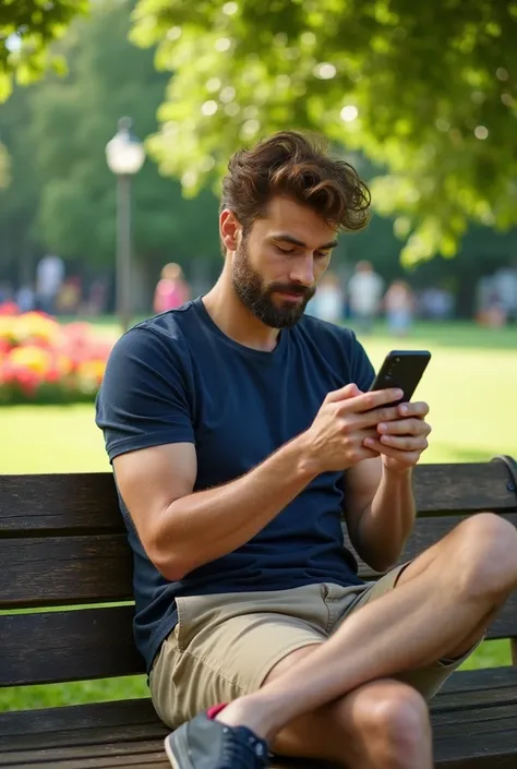 Man sitting on a park bench playing on his cell phone 