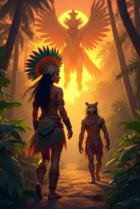 Aztec warrior woman proudly carrying her ichcahuipilli at her side Jaguar warrior man carrying his ichcahuipilli behind them the deities Huitzilopochtli and Chalchiuhtlicue 