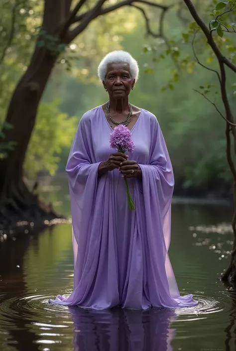 Elderly black woman orisha with short white hair wearing lilac holding a lilac flower in her hand in a swamp