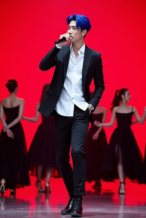 A super handsome k-pop idol, blue side part hair, black eyes, wear white shirt, black jacket, Hold the mic, in ear, dancing on the red stage, Many female dancers wear black dresses., black hair, surrounded