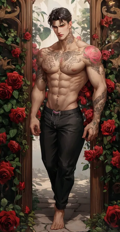 (absurdres, highres, ultra detailed), 1 male, beautiful, handsome, tall muscular guy, smooth skin, sexy gaze, mature, verious red and pink roses around him, the man is standing comfortably in the roses, from directly above, gorgeous, wet, model pose, color...