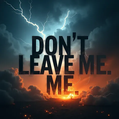 A written image "DONT LEAVE ME" in black, with background with lightning and fire, tempest
