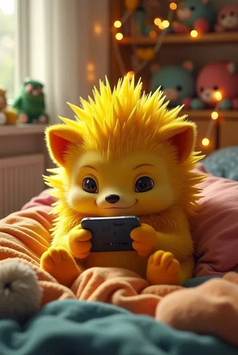 Draw a yellow hedgehog that looks like a person with a height of 1,5 meters, who plays pubg mobile on his phone at home in bed