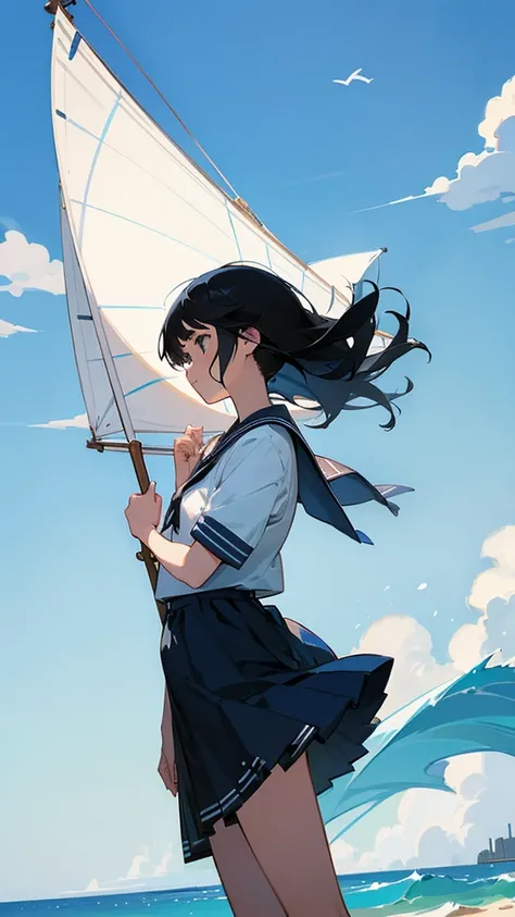 summer　　An illustration　Black Hair　Sailor suit　delicate　blue sky　beautiful