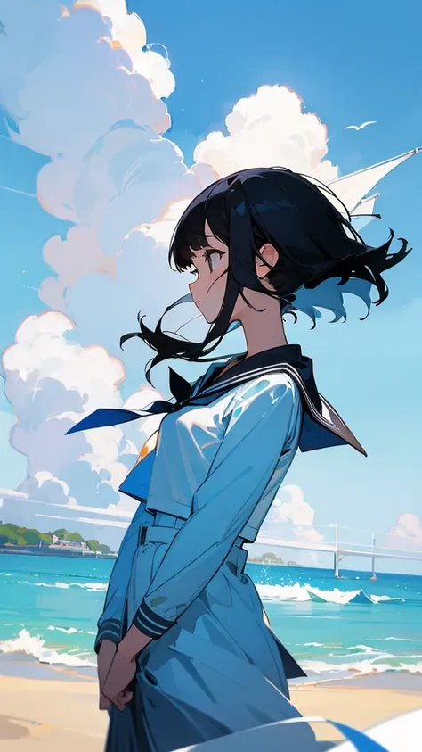 summer　　An illustration　Black Hair　Sailor suit　delicate　blue sky　beautiful