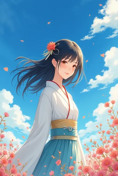 blue sky,Delicate and elegant watercolors, ultra-precision illustrations, high definition, dynamic angles, beautiful details, 8k, illustrations of very beautiful and cute Japanese Taisho girls.  She has a smile.  The sun shines on her and she has straight ...