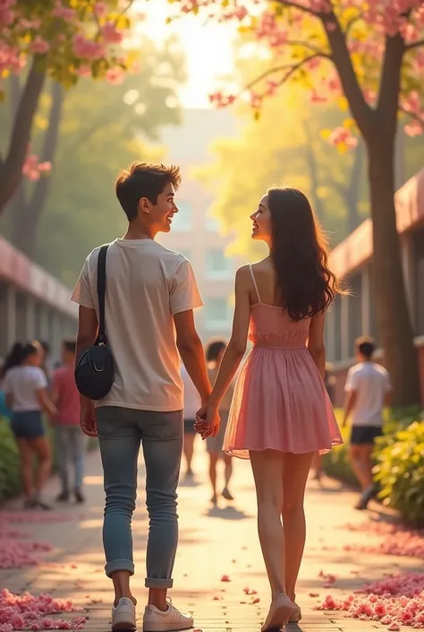 Two teenage lovers holding hands smiling at a school 