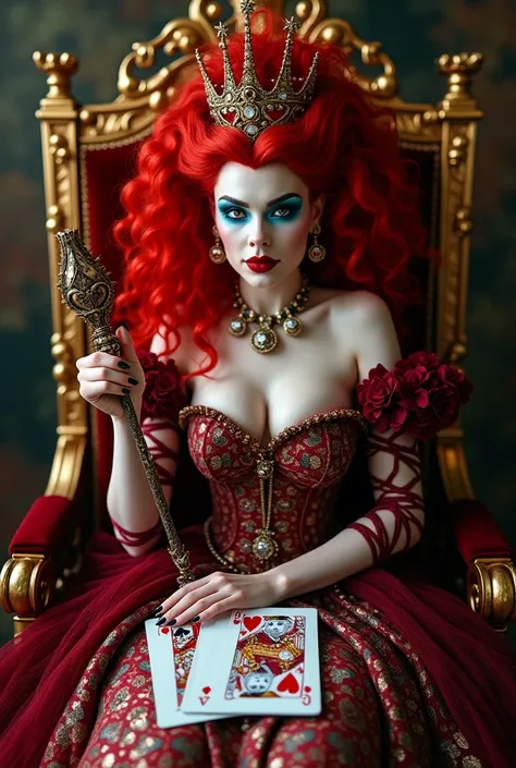 （Red curly hair），Queen，Queen服饰，Holding the love scepter，Red lipstick，(the red queen，迪士尼Villain)，Big Head，Pale skin，Villain，Sitting on the throne，Accessories，poker，Blue Eyeshadow