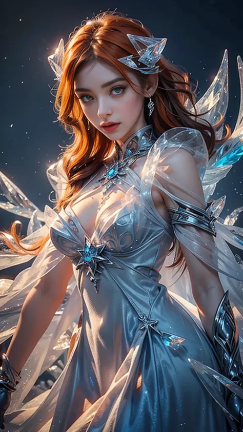 a beautiful ice goddess, good face, happy face, very long hair, realistic eyes, small breasts, ice magician, ice elemental, intricate design and details, chilling mist, cold, blizzard storm, conjuring ice spell, casting ice spell, detailed dress, (orange d...