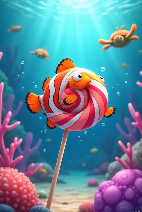 A fish licking a lollipop
