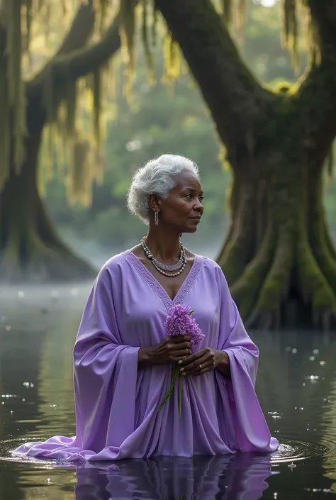 Elderly black woman orisha with short white hair wearing lilac holding a lilac flower in her hand in a swamp