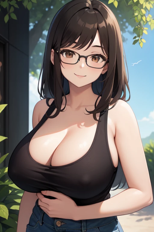 ((High resolution)) (Detailed) (masterpiece) beautiful woman, with huge round breasts, long light brown hair, with left bangs, brown eyes, wearing black tank top with big cleavage, small jeans shorts, black glasses, soft lighting, plants and trees in backg...