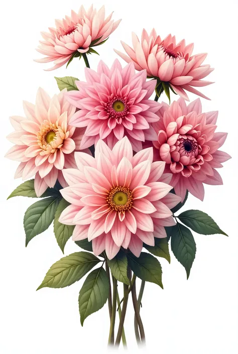 a robust bouquet with many flowers in watercolor illustration of spring pink Dahlia flower, isolated white background, vintage oil paint style