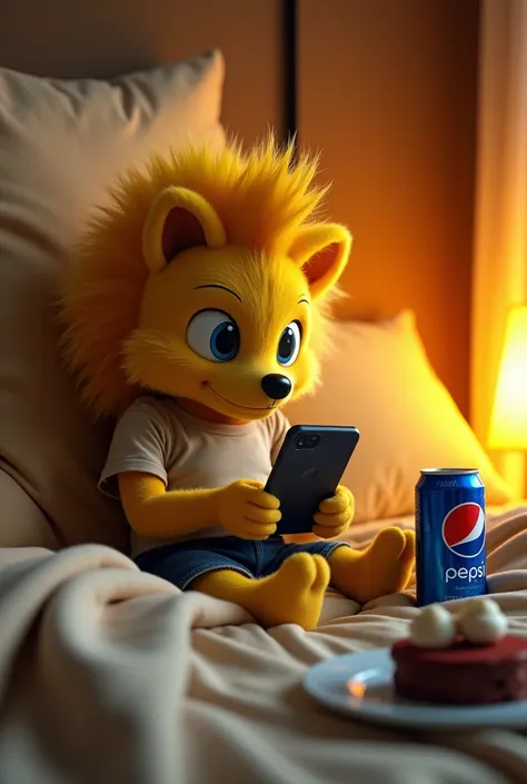 Draw a yellow hedgehog that looks like a person with a height of 1,5 meters, who plays pubg mobile on his phone at home in a man&#39;s bed and put a can of pepsi and a plate of desserts next to him