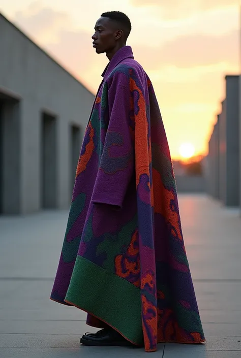 Image of a garment for a male object designer with oversize and zerowaist style in unusual colors with handmade textile material 
