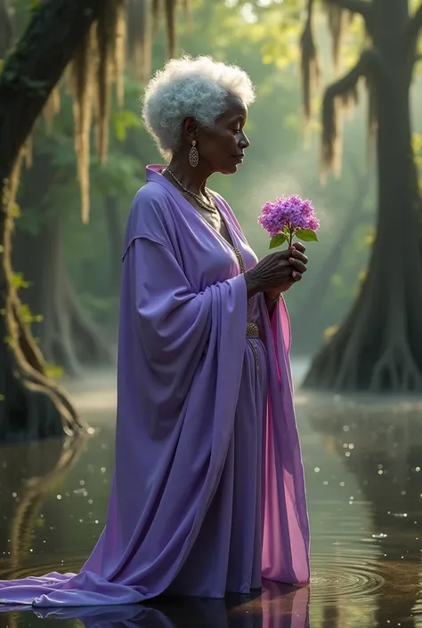 Elderly black woman orisha with short white hair wearing lilac holding a bright lilac flower in her hand in a swamp