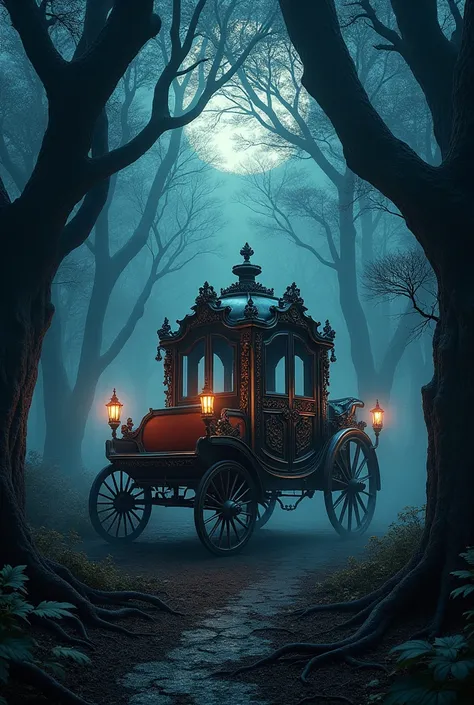 make a large carriage in the middle of a forest, dark aesthetics, the carriage must be large and visible completely and with lighting, but it must be at night