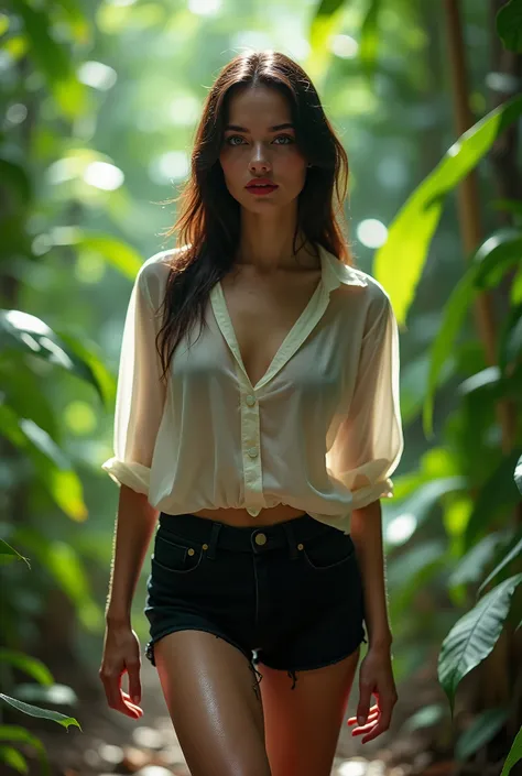 ((RAW photo), absurd, (absurdresolution)), (masterpiece, best quality), the most beautiful 21 year old girl, gorgeous face, gorgeous, gorgeous, a girl in Hanoi Vietnam, (makeup, red lips, blue eyes), ((tight black shorts, white bra, open transparent unbutt...