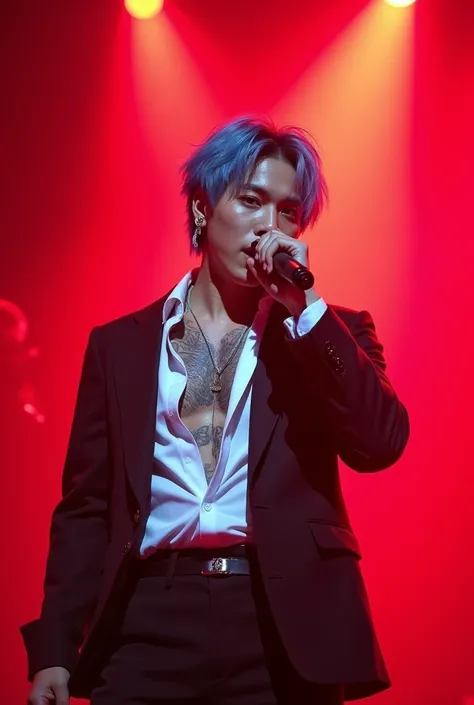 A super handsome k-pop idol, layer 5 hair/5 blue, black eyes, wear white unbuttoned shirt, black jacket, Hold the mic, in ear, có hình xăm ở cổ, charming, dancing on the red stage, towards the stands full of lightsticks