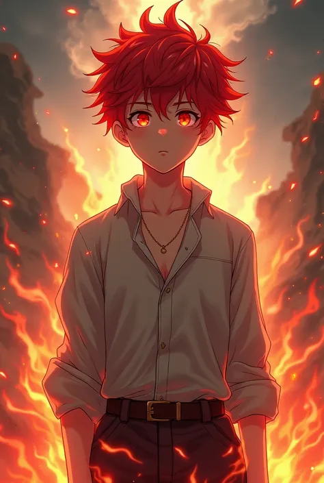 human boy, short red hair,fiery red eyes,White skin, handsome, man,anime