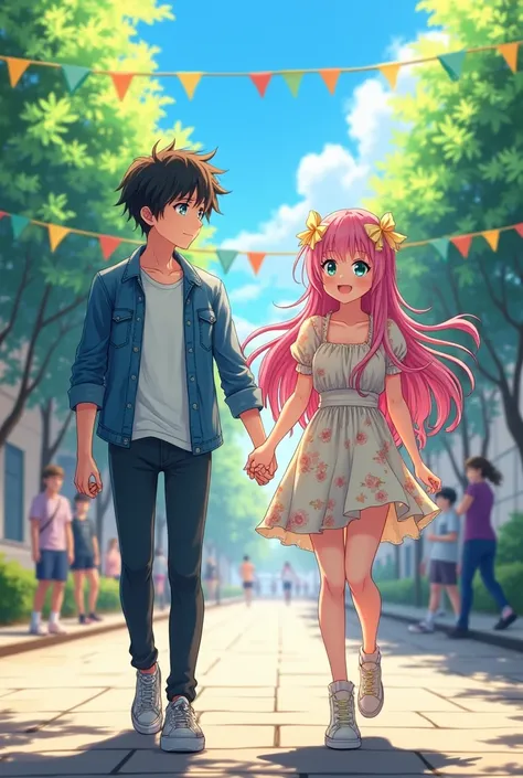 Two teenage lovers holding hands smiling in an anime style school 