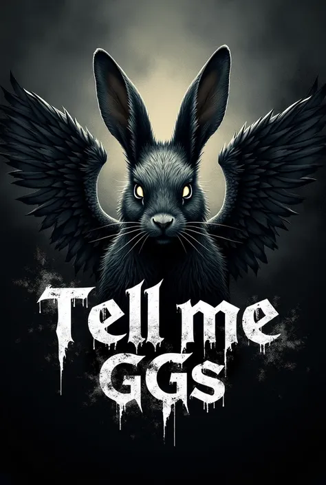 Logo of a band of a rabbit with wings in dark style,  and letters that say Tell me GGs