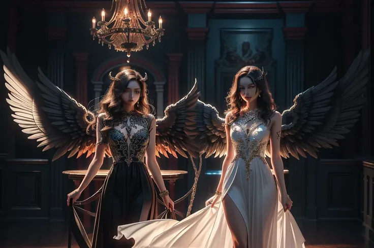 (highest quality, masterpiece, High resolution), 16K, fantasy art, RPG art a picture of (((2 women))), BREAK a (1female angel: 1.3) , wearing intricate dress glam dress, ((black dress: 1.3)) pale skin, best details beautiful face , (blond: 1.2)  hair, long...