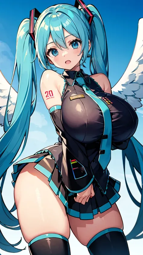 Hatsune Miku VOCALOID, Twin tails, Bright Blue Eyes, Light blue hair, Huge breasts, Angel&#39;s wing, Mecha Girl,