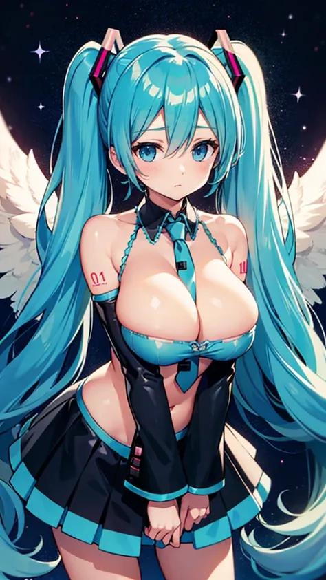 Hatsune Miku VOCALOID, Twin tails, Bright Blue Eyes, Light blue hair, Huge breasts, Angel&#39;s wing, Mecha Girl,