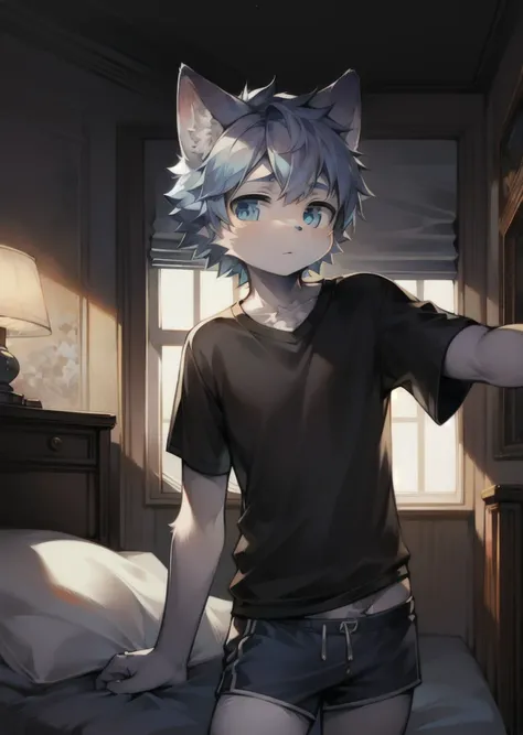 a cute fluffy gray cat with beautiful detailed blue eyes, wearing a t-shirt and shorts, handsome young boy with extremely detailed facial features, masterpiece, surreal, wildlife, bedroom background, ambient lighting, adorable