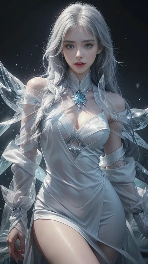 a handsome ice goddess, good face, happy face, very, realistic eyes, ice magician, ice elemental, intricate design and details, chilling mist, cold, blizzard storm, conjuring ice spell, casting ice spell, detailed clothes, realistic ice effect, ((ice:1.5))...