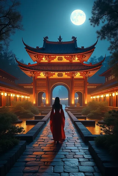 Chinese KING pavilion, at night scene , horizontal, one people walking blur effect

