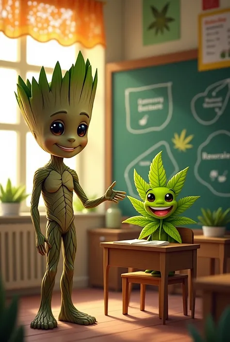 Mr Groot teaching a 7-pointed cartoon-style Cannabis leaf with a smiling face sitting on a chair inside a classroom
