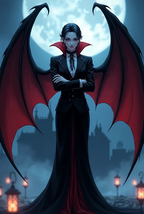 A classy vampire with crossed arms and bat wings in anime style