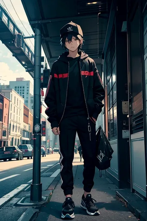 teenagers,with black coat black cap, muscular, black Jinx pants and black sneakers, shirt blue,he is in a city and behind him a stend(manifestation of the user&#39;s auma)she is very prominent(random form)